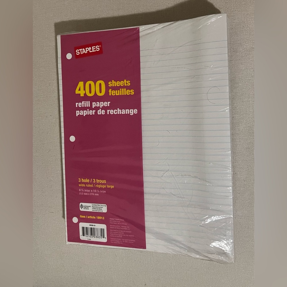 Staples Refill Lined Paper 400 Sheets 3 Hole Wide Ruled